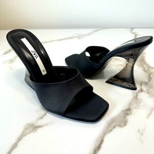 NWOT Zara Black Satin Square Open Toe Chunky See Through Heels Mule Sandals, 6